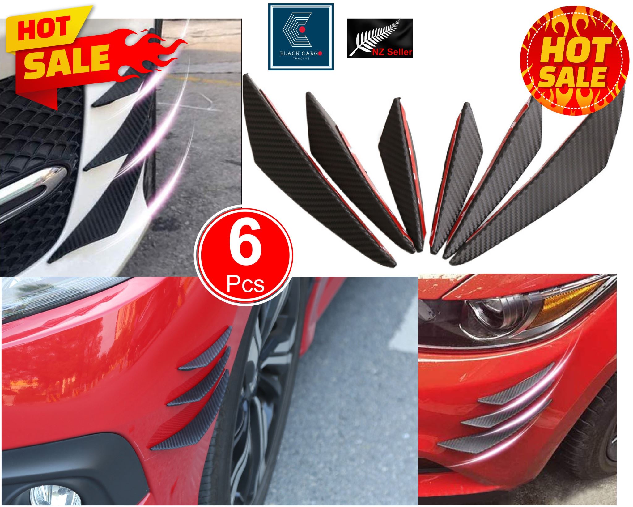 Car Front Bumper Lip Carbon Fiber Spoiler Diffuser Fin Canards Splitters 6Pcs - Referdeal