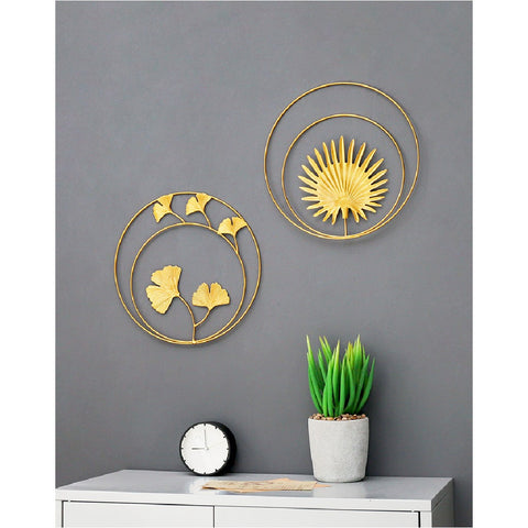 2Pcs Gold Metal Wall Hanging Art Iron Sculptures Wall Art Metal Palm Leaf