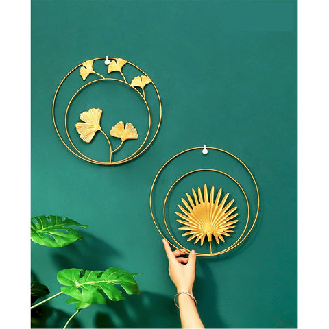 2Pcs Gold Metal Wall Hanging Art Iron Sculptures Wall Art Metal Palm Leaf