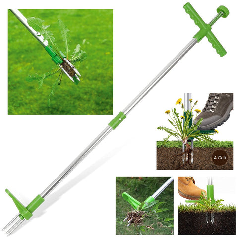 Weed Puller Tool Adjustable Stand Up Weed Remover with 3 Claws Stainless Steel