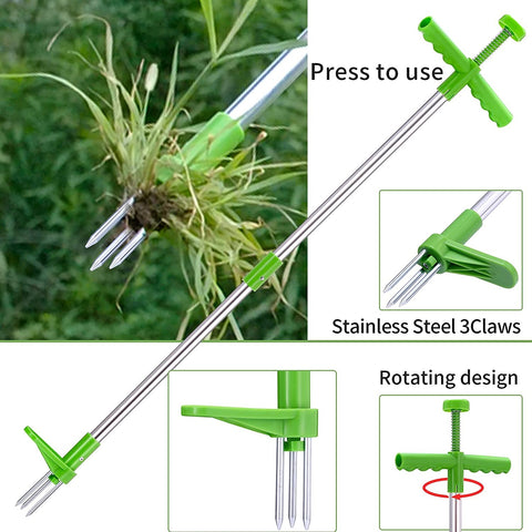 Weed Puller Tool Adjustable Stand Up Weed Remover with 3 Claws Stainless Steel