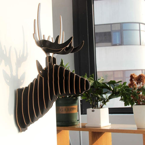 3D Wooden Animal Head Wall Decor Art Decor Sculpture Ornament Deer Head - black