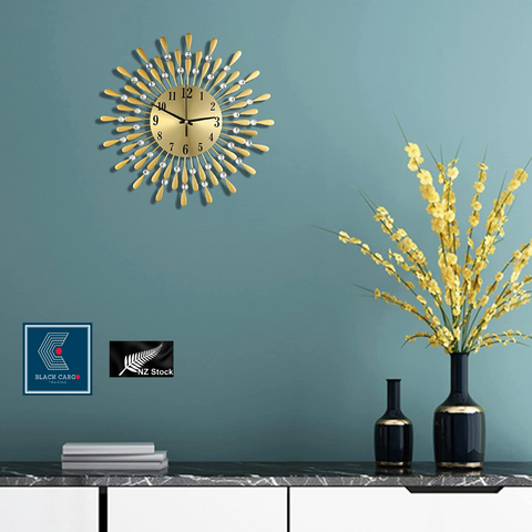 Large Quiet Modern Metal 3D Gold Wall Clock with 40 Crystal Diamond