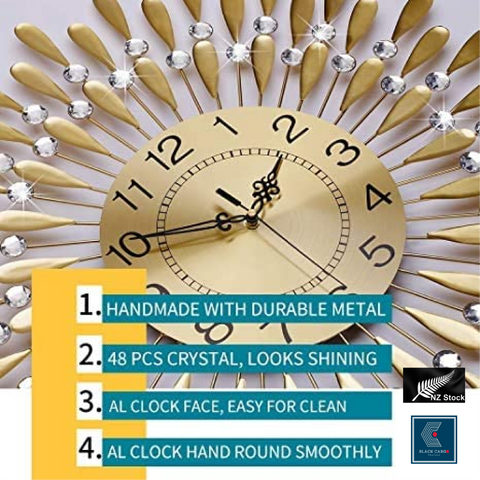 Large Quiet Modern Metal 3D Gold Wall Clock with 40 Crystal Diamond