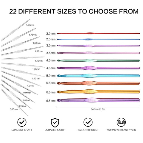 22Pcs Crochet Hooks Set 22Size 0.6~6.5mm Ergonomic Handles Crochet Kit with Case